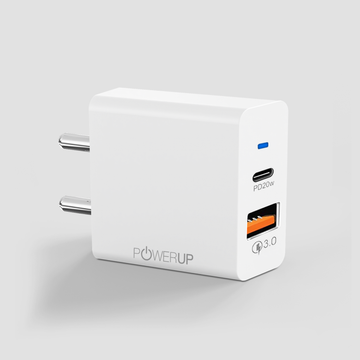 POWERUP Max Charge 20W PD Type C + USB QC 3.0 Wall Charger - White