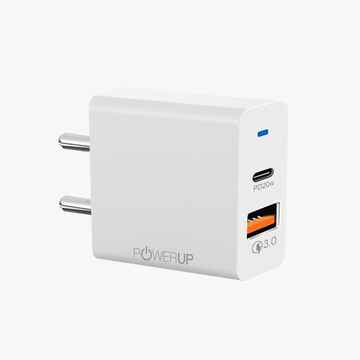 POWERUP Max Charge 20W PD Type C + USB QC 3.0 Wall Charger - White