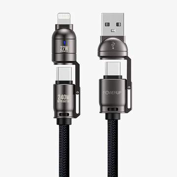 POWERUP Lanyard 4IN1 240W Zinc Alloy Braided Cable USB A | Type C to Type C | Lightning 1.5 Mtr / 150 cm - Black