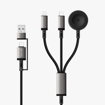 POWERUP Trio Travel Essentials 3IN2 Zinc Alloy Braided Cable USB A | Type C to Type C | Lightning | Watch 1.2 Mtr / 120 cm - Black