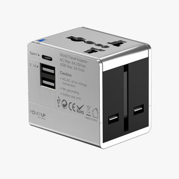 POWERUP World Travel Adapter with Dual USB Port + Type C Wall Charger - Silver