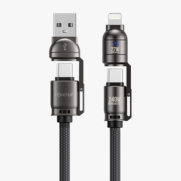 POWERUP Konnect 4IN1 240W Zinc Alloy Braided Cable USB A | Type C to Type C | Lightning 1.5 Mtr / 150 cm - Black
