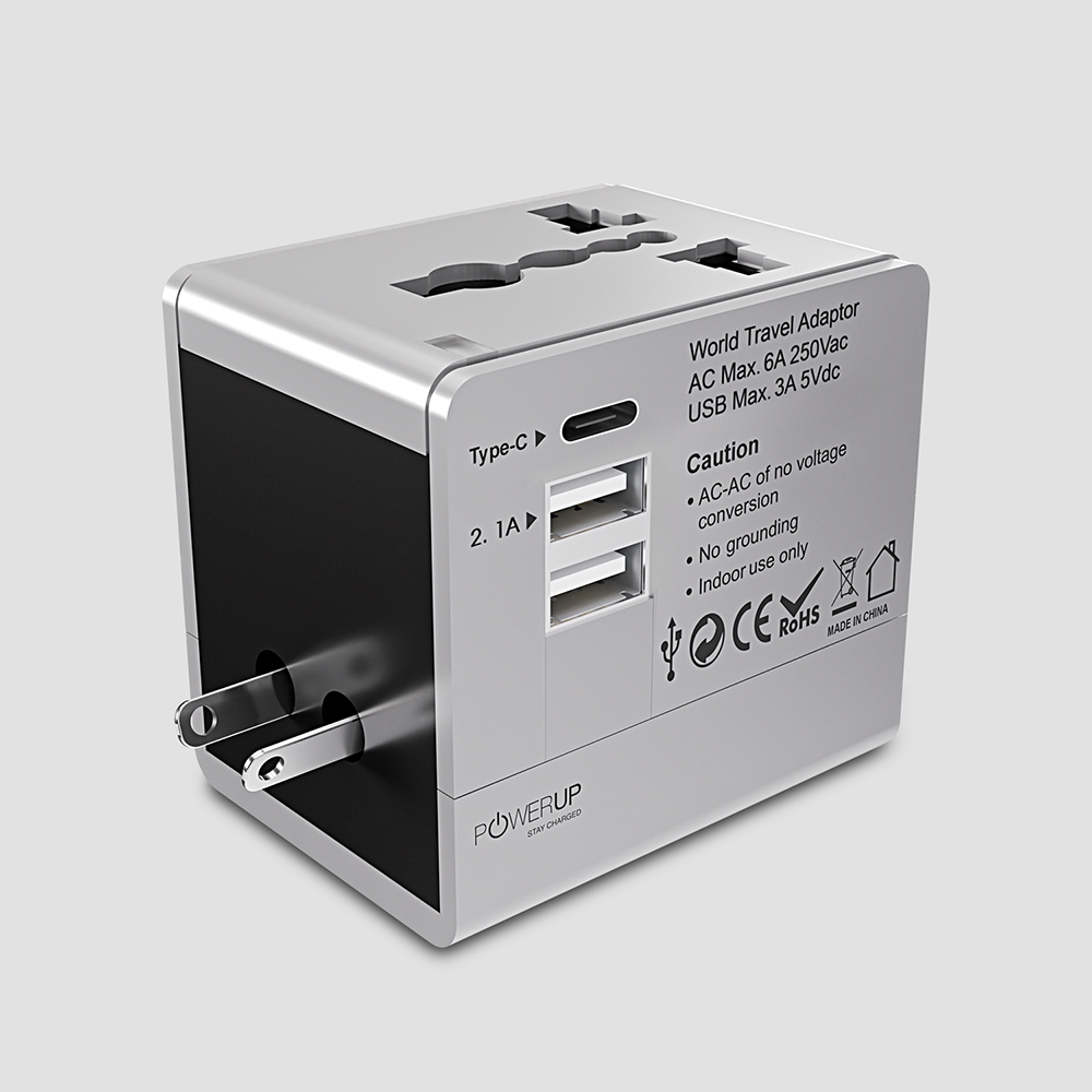 POWERUP World Travel Adapter with Dual USB Port + Type C Wall Charger