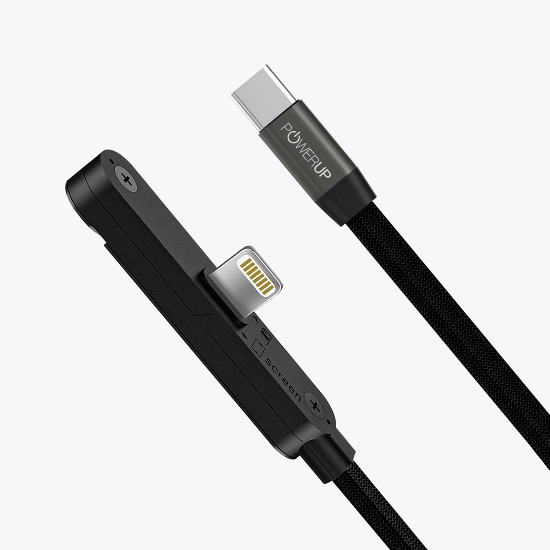 POWERUP Kickstand 2IN1 30W Zinc Alloy Braided Flat Cable Type C to Lightning 1.5 Mtr / 150 cm - Black