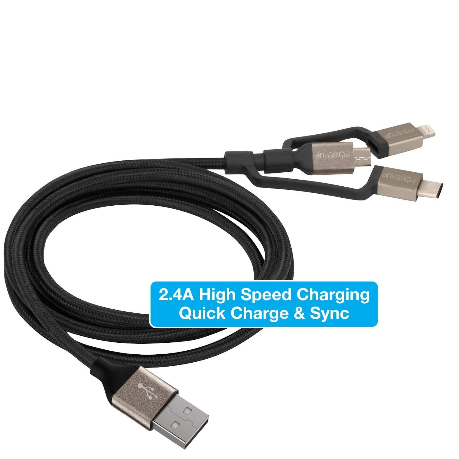 POWERUP 3IN1 Cable USB A to Micro USB | Type C | Lightning 1.5 Mtr